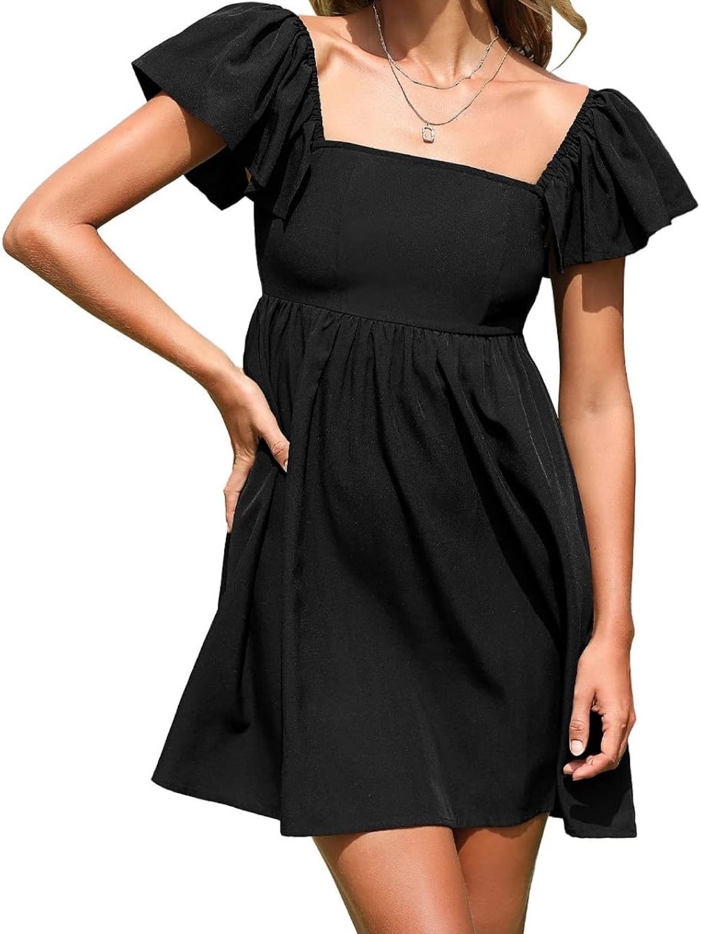 Black Square Neck Flutter Sleeve Smocked Back Mini Dress